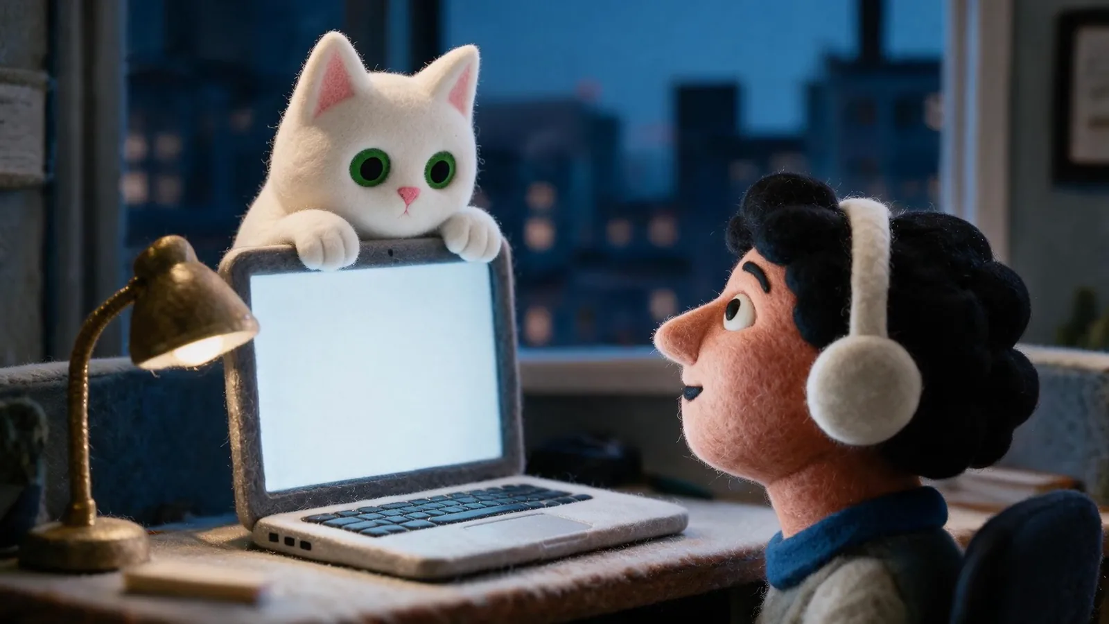Mochi peeks over a laptop as the person at the desk looks up at it